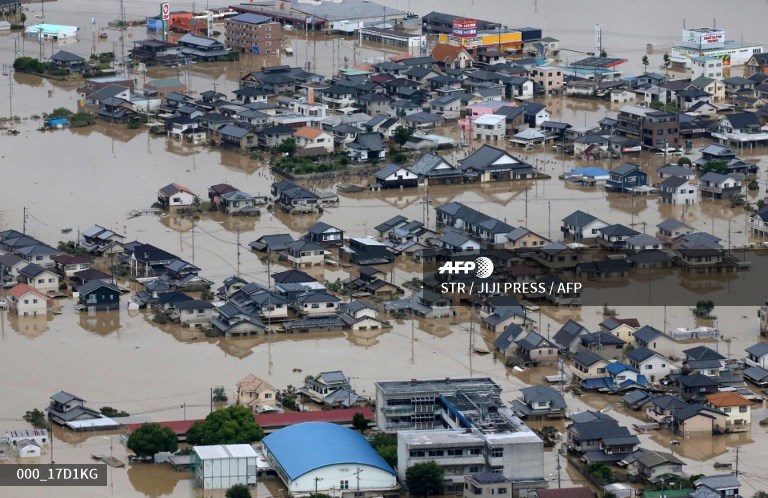 Las casas inundadas en Okayama, Japón.
