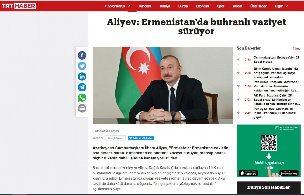 Azərbaycan Prezidenti İlham Əliyevin mətbuat konfransı Türkiyə KİV tərəfindən geniş işıqlandırılıb