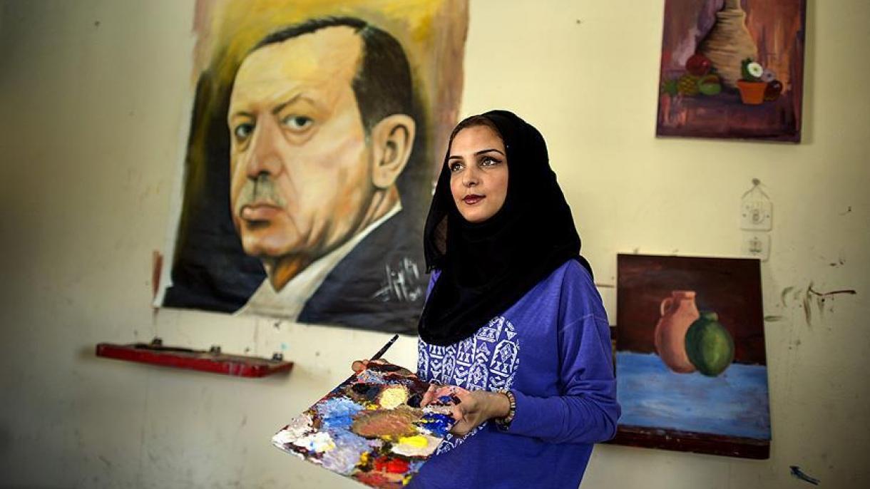 ترسیم نقاشی پرتره اردوغان برای حمایت از ترکیه