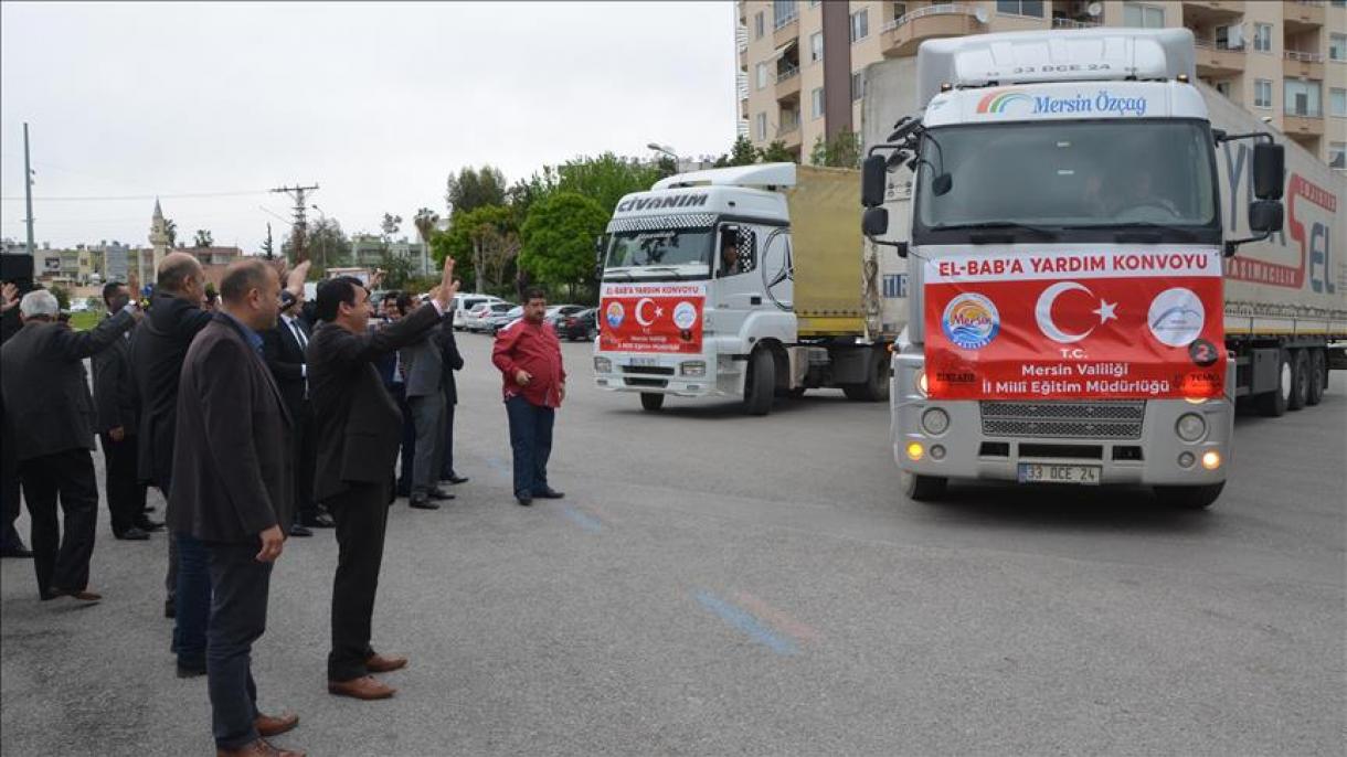 ارسال 12 تریلر وسایل آموزشی از مرسین ترکیه به جرابلس سوریه