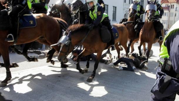 پلیس اسب سوار سوئد ۱۰ معترض را لگدکوب اسبها کرد