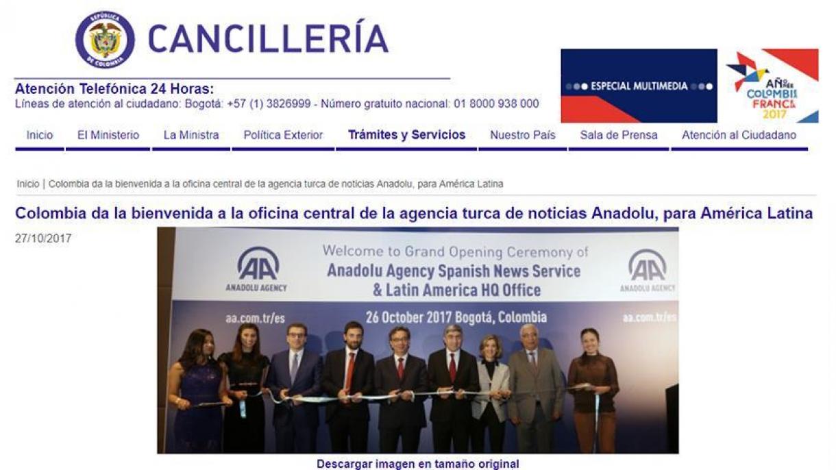 دولت کلمبیا به خبرگزاری آناتولی پیام "خوش آمدگویی" منتشر کرد