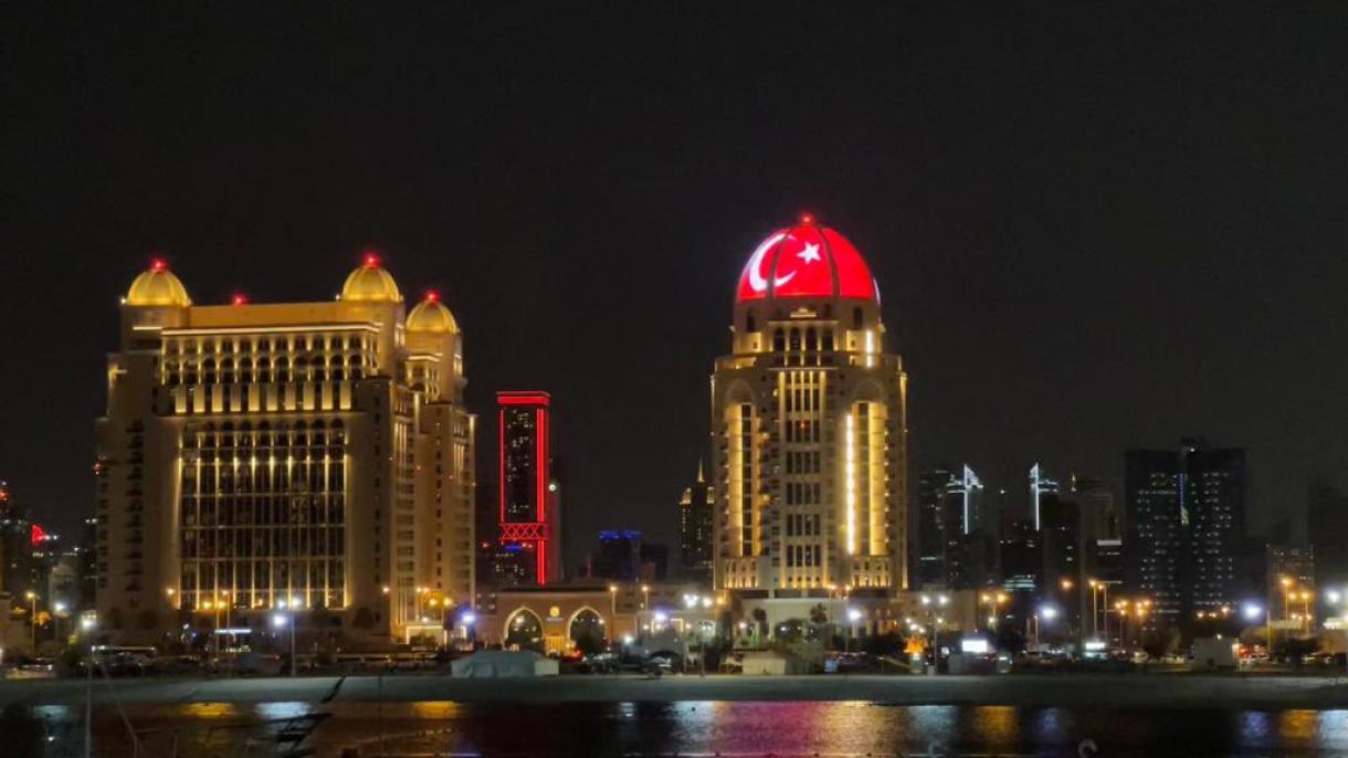 卡塔尔标志性建筑物投射土耳其国旗