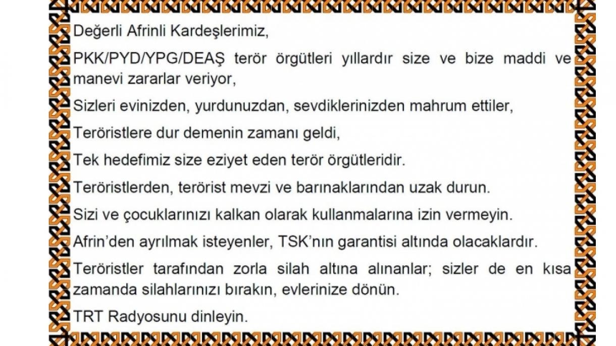 Türk ýaragly güýçleri Afrinde bildiriş paýlady