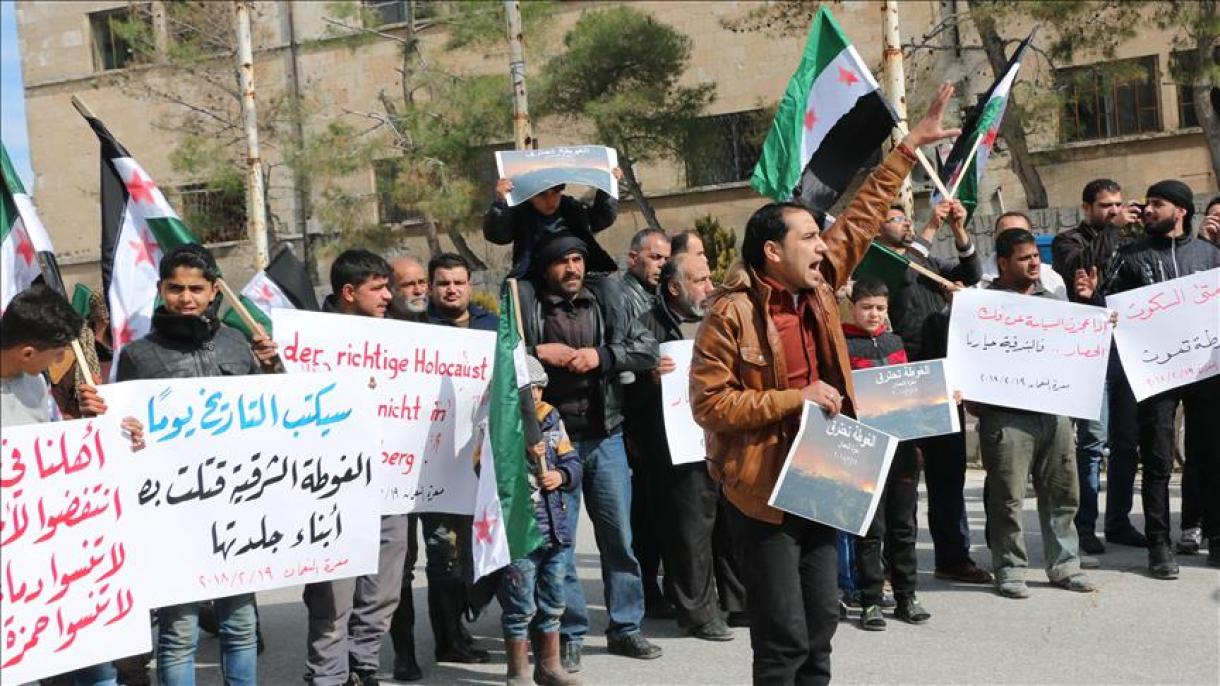 اعتراض مردم ادلب به محاصره غوطه شرقی توسط رژيم اسد